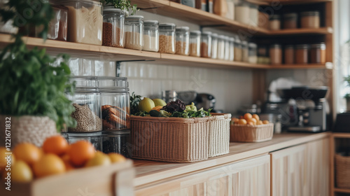 Minimalist kitchen with wooden shelves, glass jars, and fresh produce
 photo