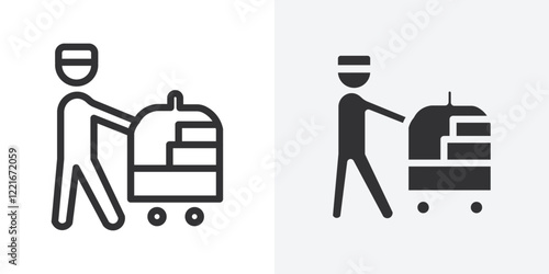 Bellboy with luggage cart icon Outline vector sign