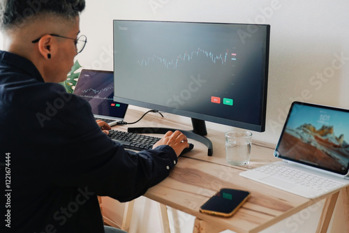 Business trader using crypto exchange app for investment and sto photo