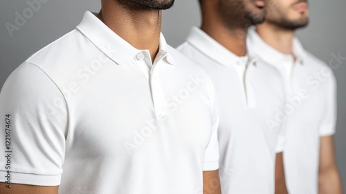 Three men in white polo shirts, showcasing a fashion or lifestyle theme.