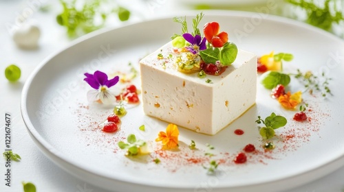 Wallpaper Mural Elegant Tofu Dessert Plate, Flower Garnish, Kitchen Setting Torontodigital.ca