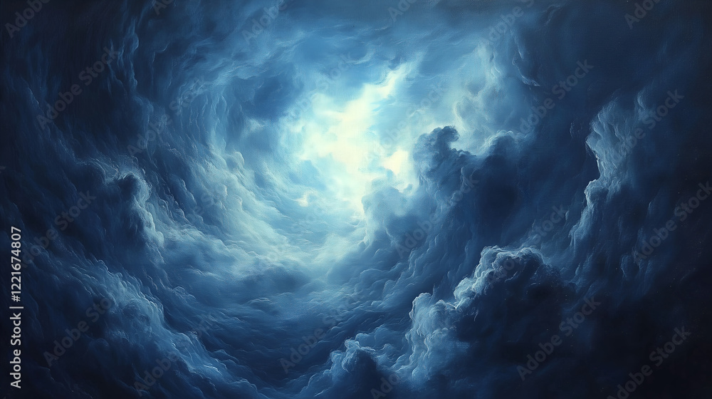 Fototapeta premium Abstract Blue Clouds, an oil painting featuring a dark blue and white color palette