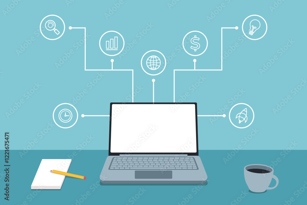 Creative Workspace Concept with Modern Technology and Icons Creative Workspace Concept with Modern Technology and Icons