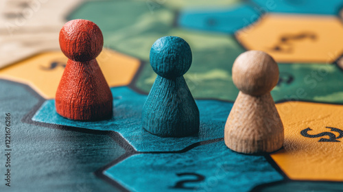 Colorful game pieces on a hexagonal board, suggesting a strategic board game with vibrant player tokens.