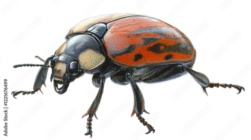 Red and Black Beetle Close-Up: A detailed macro photograph showcases the intricate details of a vibrant red and black beetle, highlighting its segmented body, legs, and antennae. Red and Black Beetle Close-Up: A detailed macro photograph showcases the intricate details of a vibrant red and black beetle, highlighting its segmented body, legs, and antennae.