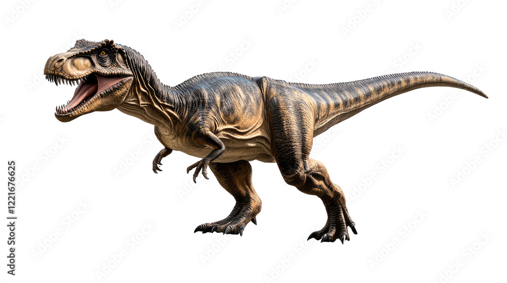 Obraz premium Tyrannosaurus Rex: A fearsome Tyrannosaurus Rex roars, its massive jaws agape, showcasing its prehistoric power and grandeur in a lifelike 3D render.