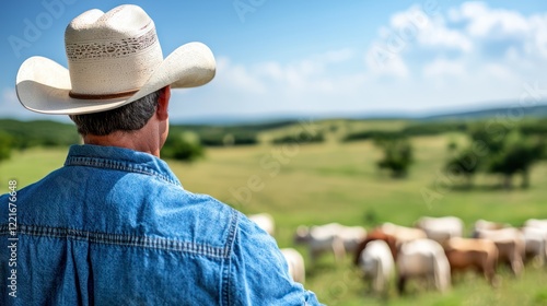 A cowboy observes cattle grazing in a lush landscape under a clear blue sky.