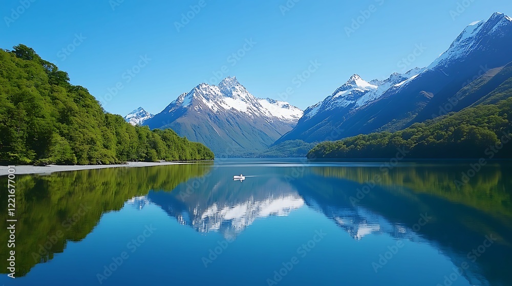 Fototapeta premium A serene lake surrounded by majestic mountains and lush greenery, reflecting the clear blue sky in its calm waters.
