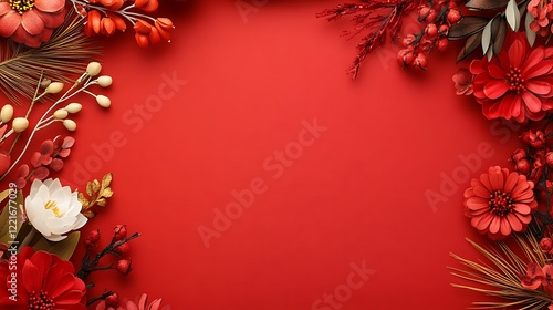 A vibrant floral frame featuring red and white flowers against a rich red background, perfect for seasonal decorations or event invitations.