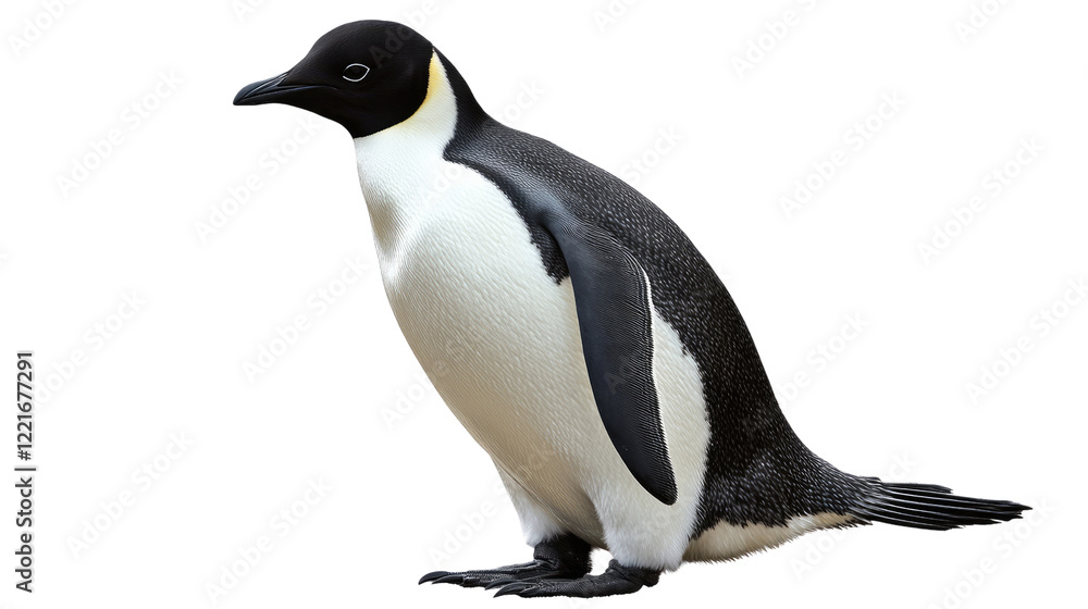 Naklejka premium Emperor Penguin Portrait: A majestic emperor penguin, distinguished by its striking black and white plumage, stands proudly in profile, showcasing its elegant posture and captivating gaze.