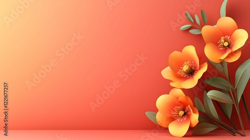 A vibrant floral arrangement featuring three orange blossoms against a soft coral background, creating a warm and cheerful atmosphere.