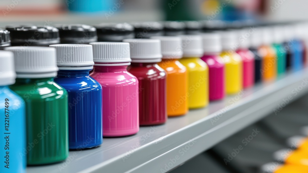 A colorful array of paint bottles lined up on a shelf for artistic use. A colorful array of paint bottles lined up on a shelf for artistic use.