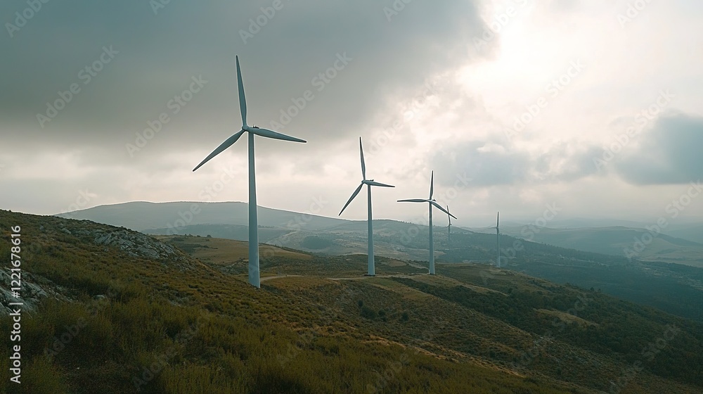 Fototapeta premium Wind turbines on a hillside, turning to generate renewable energy.