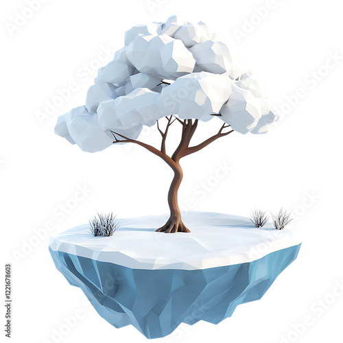 PNG Low Poly Winter Wonderland Snow-Covered Tree on a Floating Platform Against Transparent Background photo