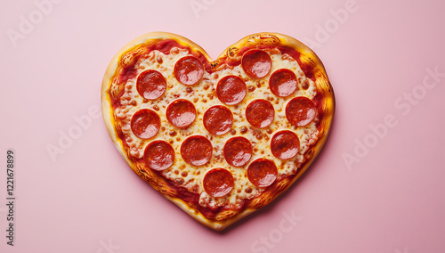 Valentine's day concept of Heart-shaped pepperoni pizza on a pastel pink background, perfect for Valentine’s Day or love-themed celebrations