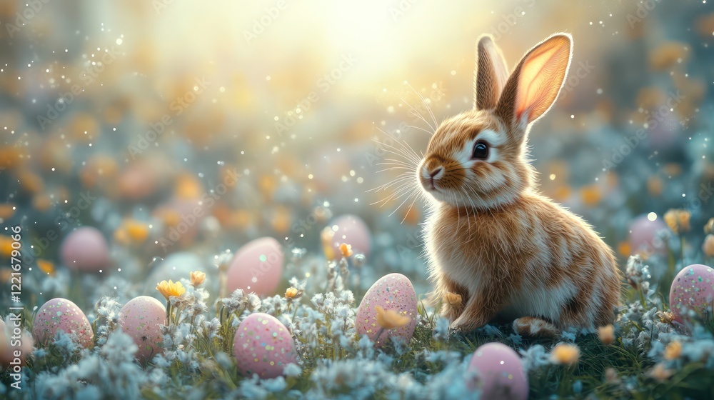 Beautiful Easter background with eggs, glitter, and a cute bunny, space for text Beautiful Easter background with eggs, glitter, and a cute bunny, space for text