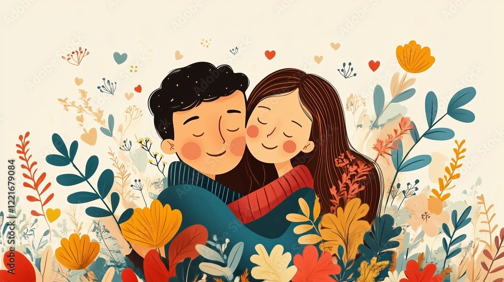 Couple sharing a loving embrace surrounded by vibrant flowers and hearts