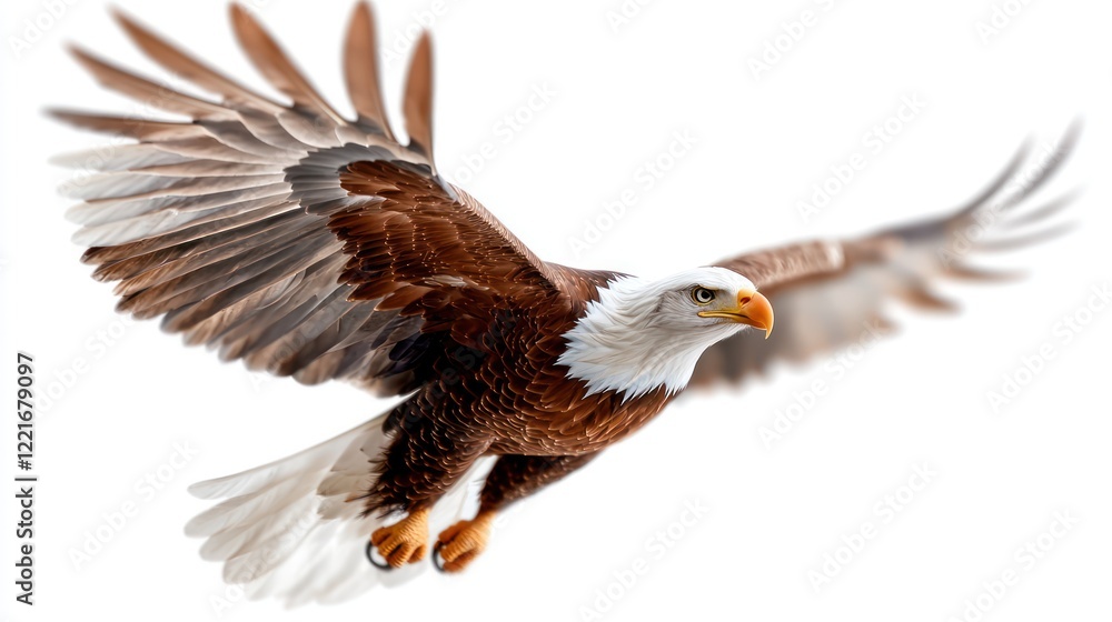 Obraz premium A majestic eagle soaring with outstretched wings against a white background.