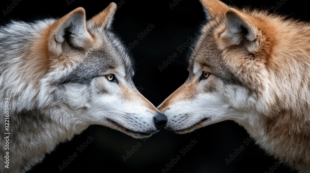 Fototapeta premium Two wolves face each other, showcasing their intense gaze and fur details.