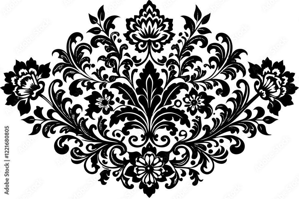 Monochrome Damask Floral Pattern, Intricate Black Lace like Stencil Design for Elegant Deco Monochrome Damask Floral Pattern, Intricate Black Lace like Stencil Design for Elegant Deco