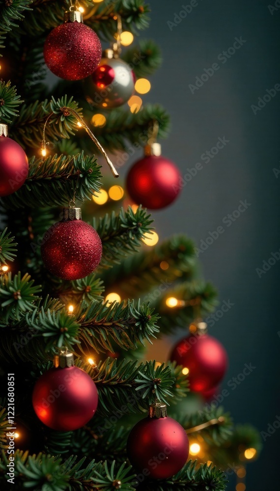 Christmas tree with ornaments and lights, merry, decorative balls, twinkling lights Christmas tree with ornaments and lights, merry, decorative balls, twinkling lights