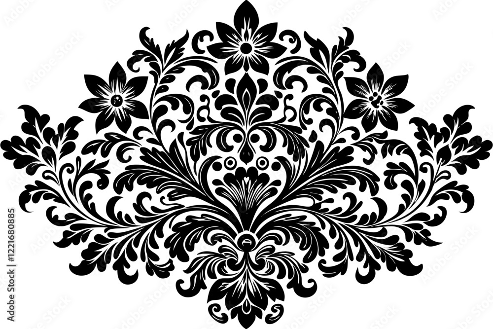 Monochrome Damask Floral Pattern, Intricate Black Lace like Stencil Design for Elegant Deco Monochrome Damask Floral Pattern, Intricate Black Lace like Stencil Design for Elegant Deco