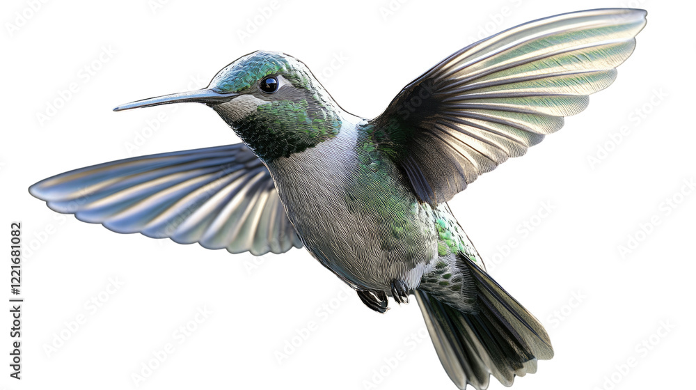 Fototapeta premium Hummingbird in Flight: A vibrant hummingbird, wings a blur, hovers in mid-air, showcasing its iridescent feathers and delicate form. The intricate details of its plumage are beautifully captured. 