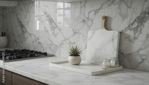 Bright and Elegant Kitchen with Marble Texture Quartz Counter and Wooden Decor
A beautifully designed indoor kitchen, blending minimalist aesthetics with luxurious countertops, green accents, and func photo