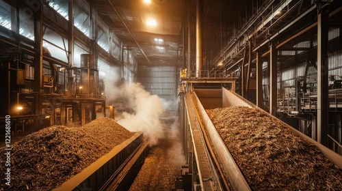 biomass processing facility interior warm lighting highlighting cascading organic material industrialscale hoppers and conveyors steam rising dramatically photo