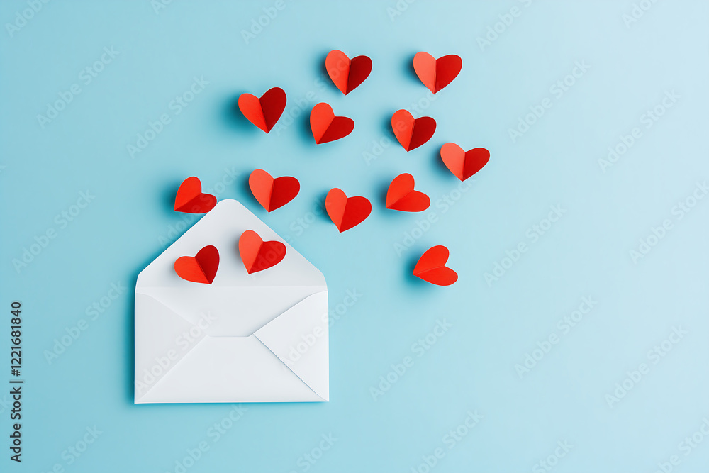 Open white envelope with red paper hearts spilling out on a pastel blue background, romantic Valentine’s Day message concept