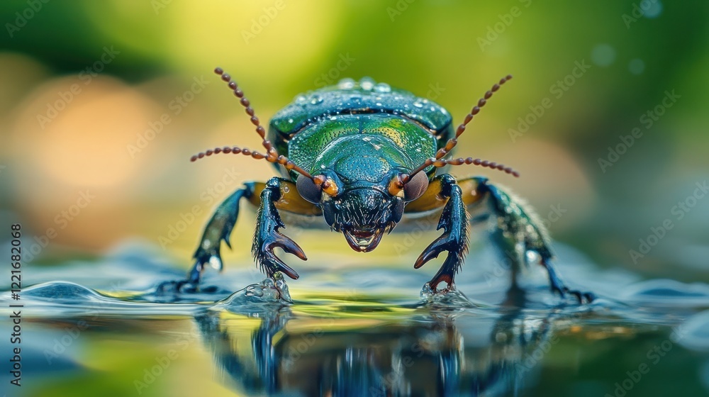 Naklejka premium Metallic Beetle with Iridescent Carapace and Compound Eyes Emerging from Reflective Water in Lush Green Nature Landscape