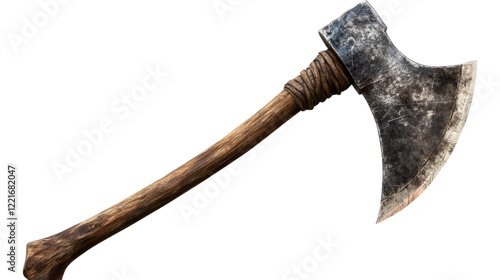 Worn Hand Axe: A weathered hand axe, its wooden handle worn smooth with time, showcases the strength and resilience of a tool forged for survival. The axe's blade, bearing the marks of countless uses. photo