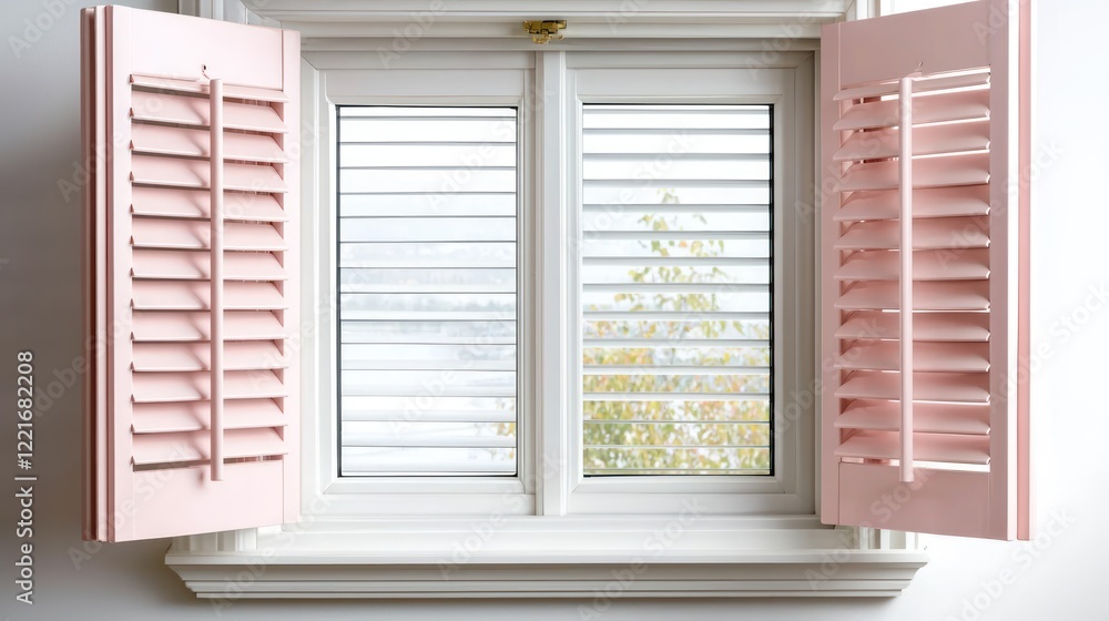 Fototapeta premium A window with pink shutters open, revealing a blurred outdoor view.
