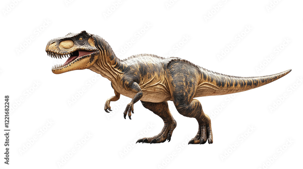 Obraz premium Tyrannosaurus Rex: A fearsome Tyrannosaurus Rex dinosaur, with its distinctive large teeth and powerful legs, stands menacingly, ready to strike.