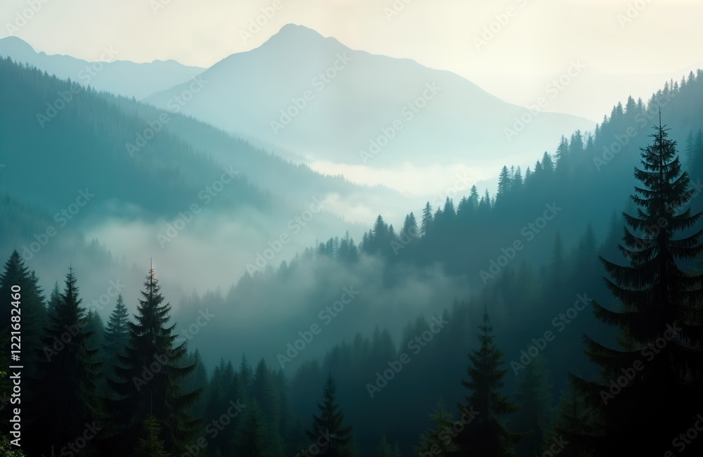 Fototapeta premium Misty mountain landscape with dense forest. Foggy morning view. Calm scene. Nature background with trees and peaks. Hiking trip. Travel destination. Peaceful atmosphere.