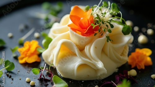 Elegant creamy dessert garnish, microgreens, dark plate, restaurant photo