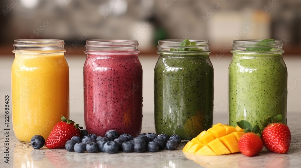 Kitchen countertop, four fruit smoothies, ingredients Kitchen countertop, four fruit smoothies, ingredients
