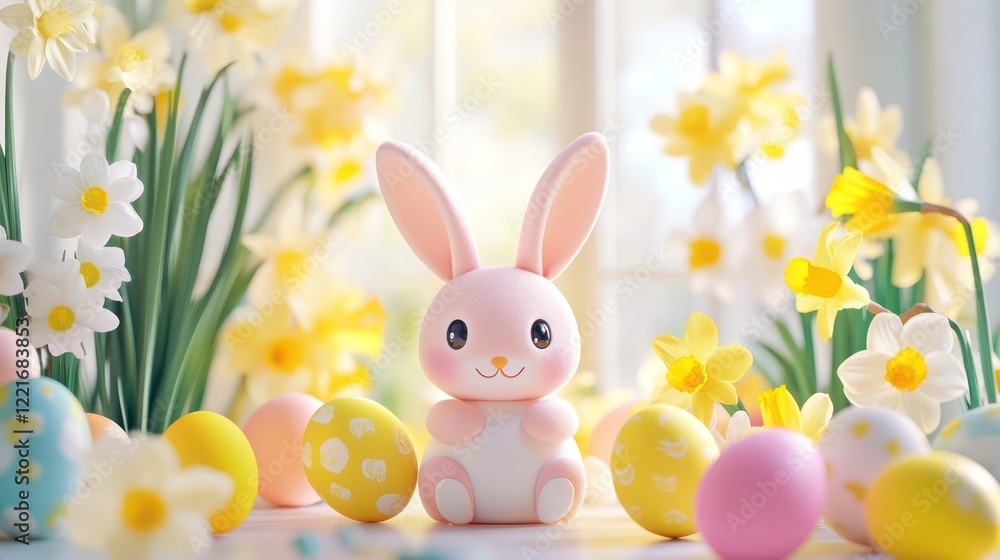 Obraz premium Bright Easter celebration scene with a cheerful bunny surrounded by vibrant eggs and blooming daffodils