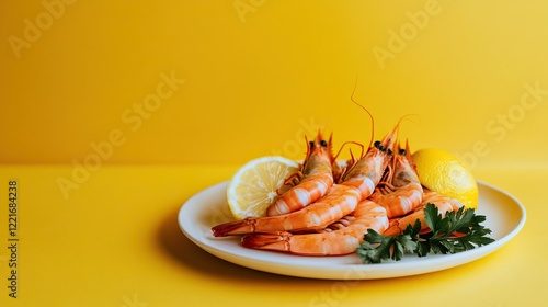 Fresh shrimp and lemon on white plate with parsley against yellow background depicting seafood allergy concept. photo