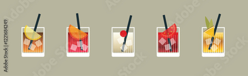 Colorful set of 5 classic cocktails, including the Bloody Mary, Mai Tai, John Collins, Sazerac, Whiskey Sour, or Boulevardier, each with ice, a straw, and a fruit garnish.