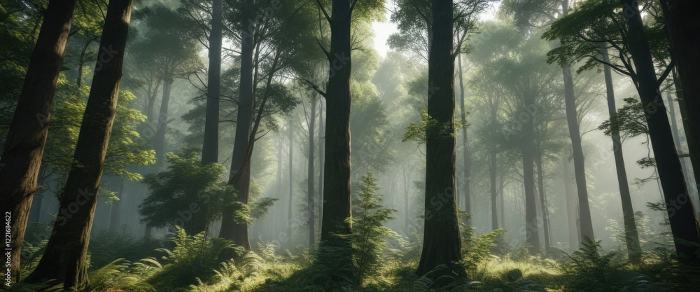 Fototapeta premium dense forest with tall trees and canopy cover, trees, evergreen, nature