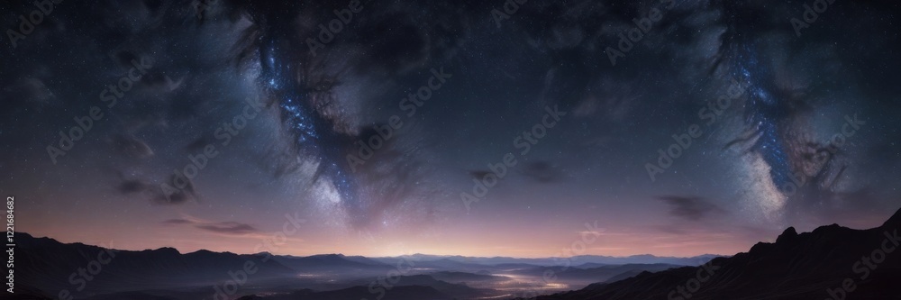 Distant planet and starry night sky with galaxy outline and nebula clouds , Universe, Space, Starry Distant planet and starry night sky with galaxy outline and nebula clouds , Universe, Space, Starry