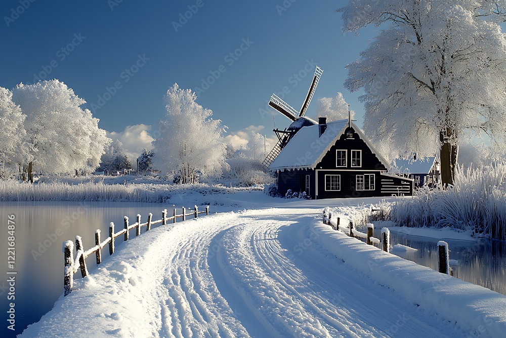 Winter Wonderland Scene with Windmill and Snowy House Winter Wonderland Scene with Windmill and Snowy House