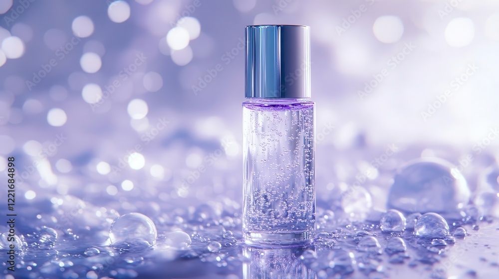 crystal bottle containing iridescent serum catching light against minimal background with water droplets crystal bottle containing iridescent serum catching light against minimal background with water droplets