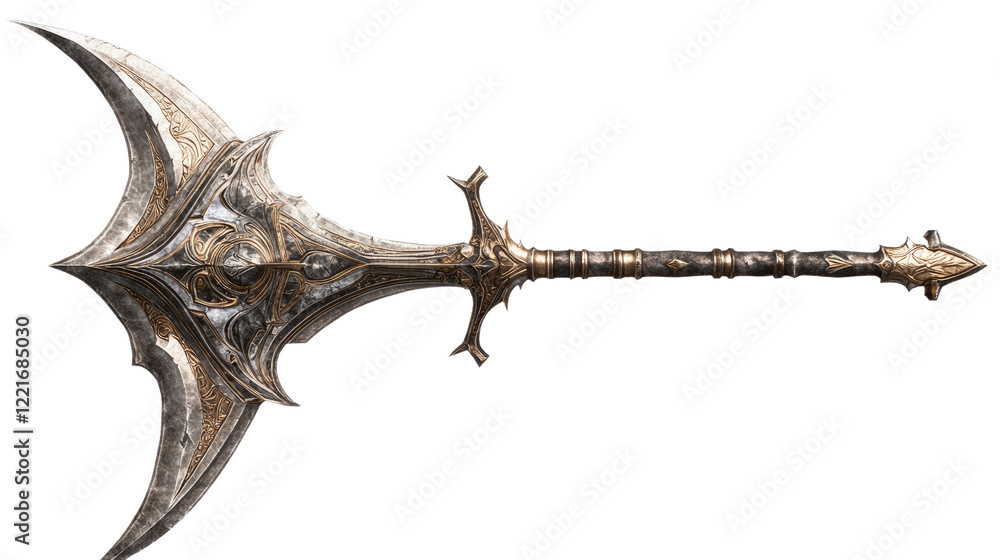 Obraz premium A Sword of Ancient Power: A formidable, intricately crafted sword with a double-edged blade and ornate embellishments. Its sharp curves and menacing design suggest a weapon of immense power.