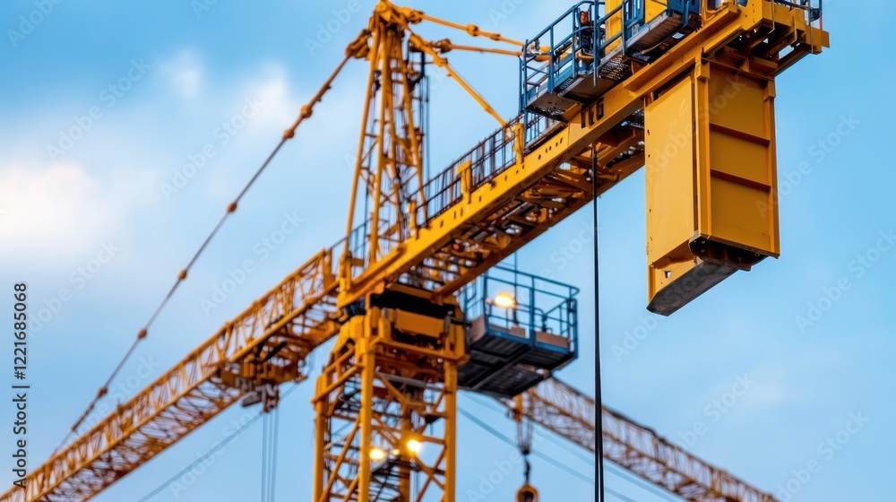 A large yellow crane positioned for construction work against a cloudy sky. A large yellow crane positioned for construction work against a cloudy sky.