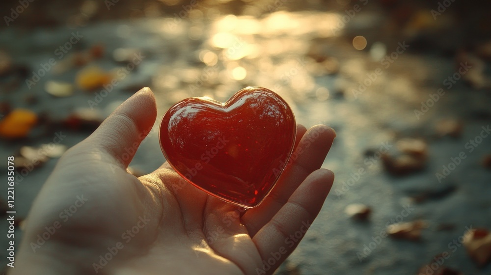 A hand gently holds a glass heart against a backdrop of a shimmering stream and fallen autumn leaves, bathed in the warm glow of sunset. A hand gently holds a glass heart against a backdrop of a shimmering stream and fallen autumn leaves, bathed in the warm glow of sunset.