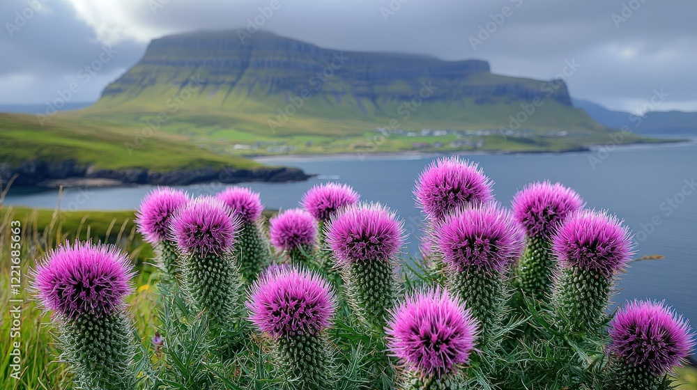 Obraz premium Serene Coastal Thistle Bloom: Faroe Islands Landscape
