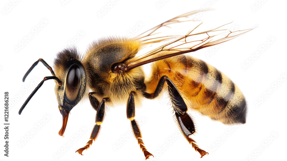 Honeybee Close-Up: A detailed macro photograph of a honeybee, showcasing its intricate body structure, hairy thorax, and delicate wings. The image highlights the bee's crucial role in pollination. Honeybee Close-Up: A detailed macro photograph of a honeybee, showcasing its intricate body structure, hairy thorax, and delicate wings. The image highlights the bee's crucial role in pollination.