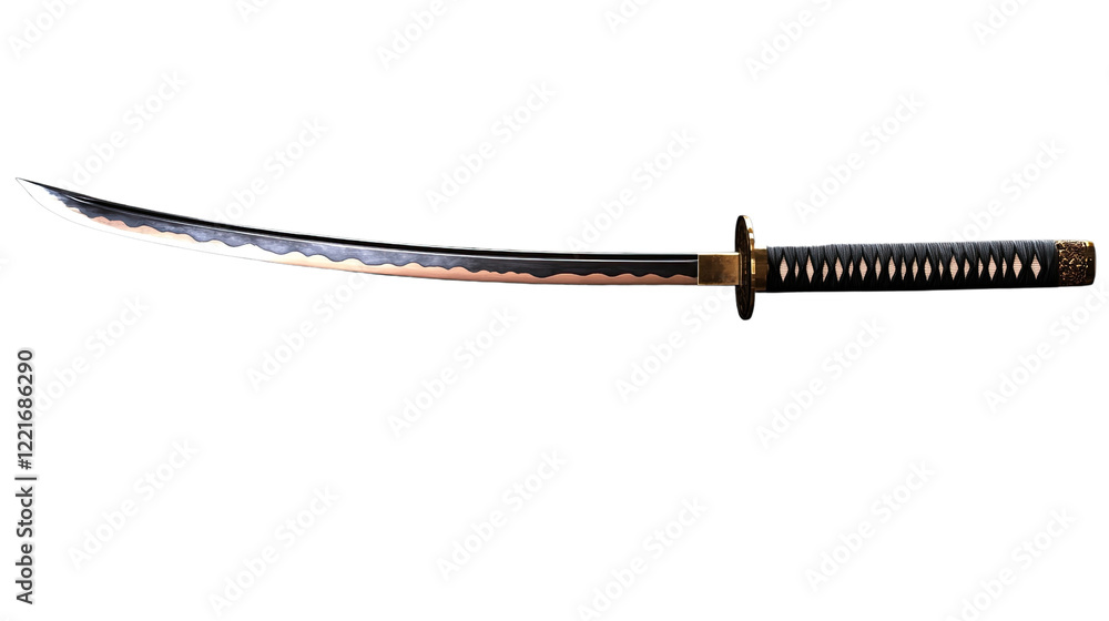 Obraz premium Katana Sword: A meticulously crafted katana, a traditional Japanese sword, with a curved blade, black scabbard, and intricate details, isolated against a clean backdrop.